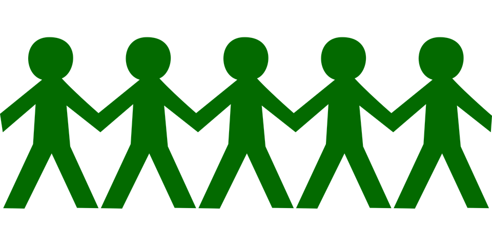 Five identical green paper cut-out people holding hands
